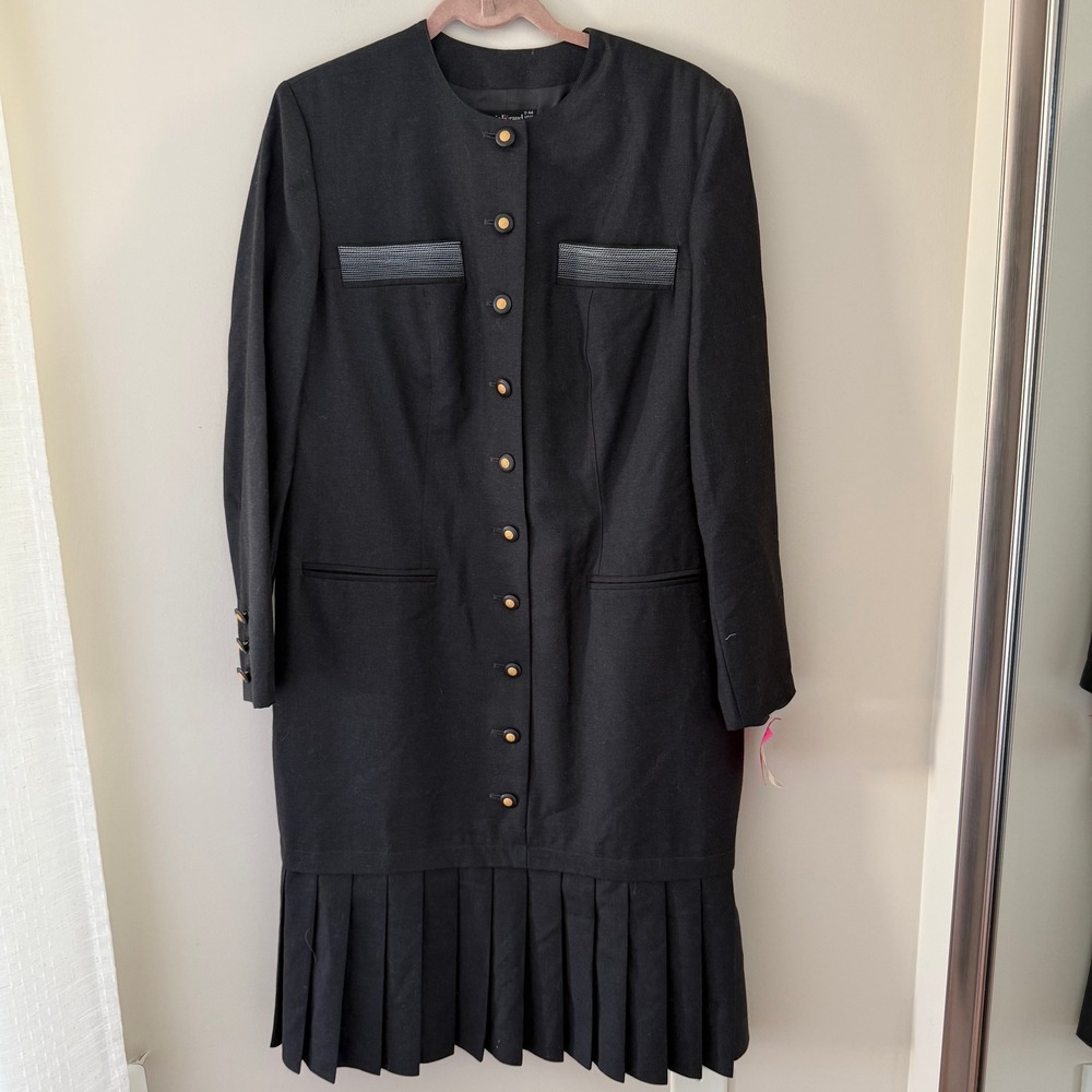 Louis Feraud Black Pleated Coat Dress Vintage US 14 Made in Germany Wool Blend